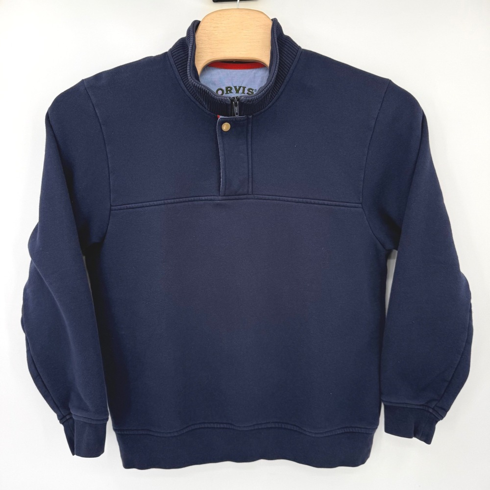 Orvis Sweatshirt Mens Large Navy Blue Quarter-Zip Mock Neck Snap Pullover 615914
